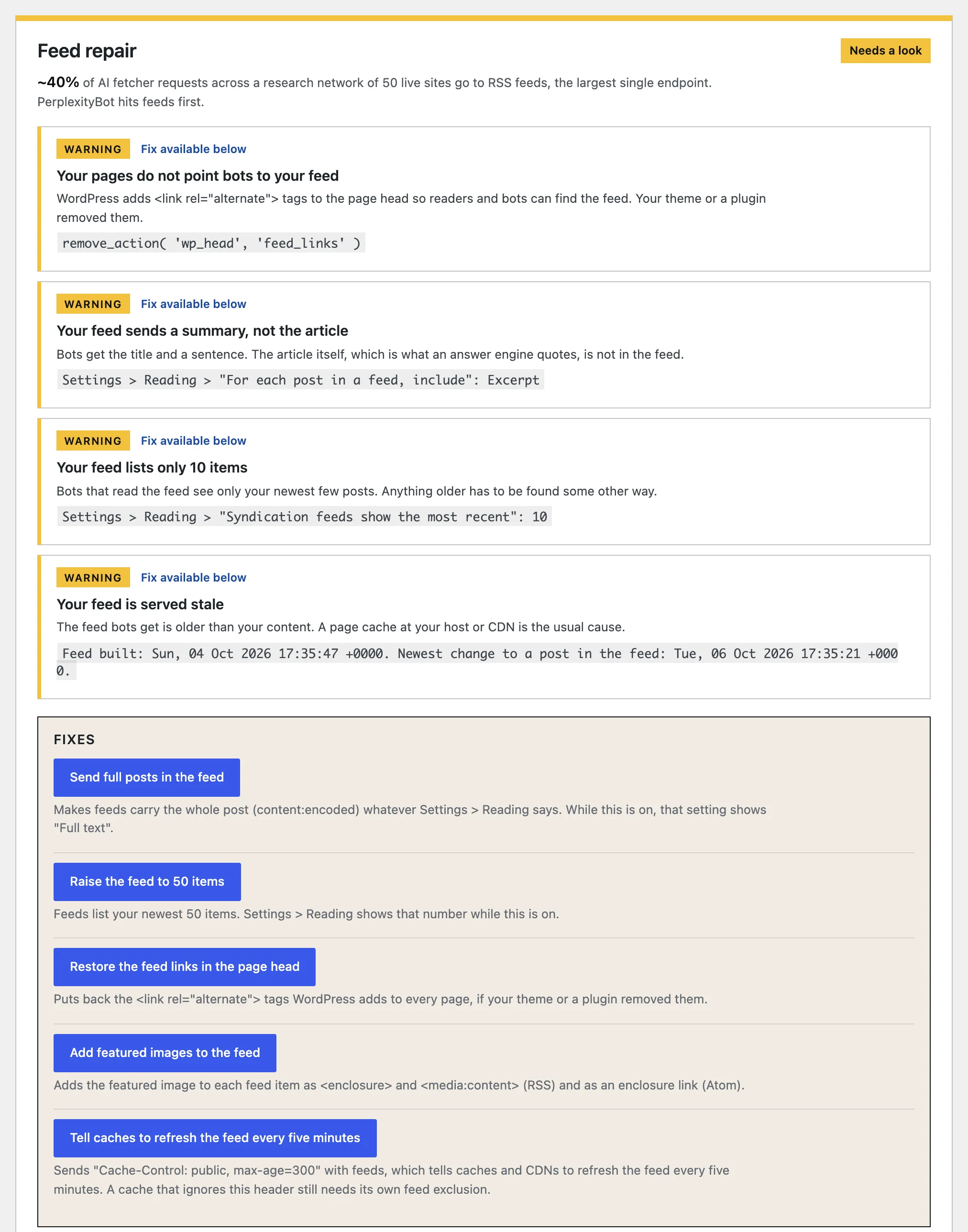 Feed repair card: four warnings with evidence, such as a feed that sends a summary and lists only 10 items, and five one-click fixes.