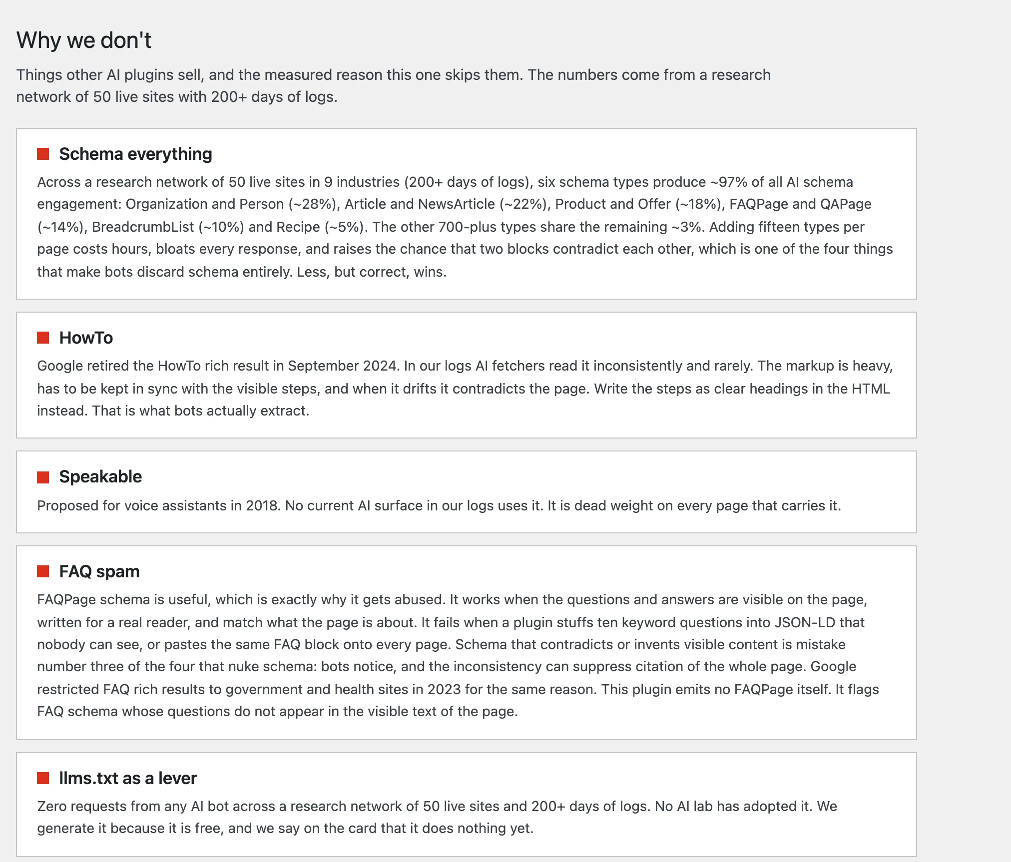 The Why we don't page inside the plugin, listing schema everything, HowTo, Speakable, FAQ spam and llms.txt with the reasoning for each.